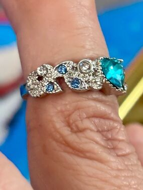 Teardrop Blue Crystal Silver Ring - size 6